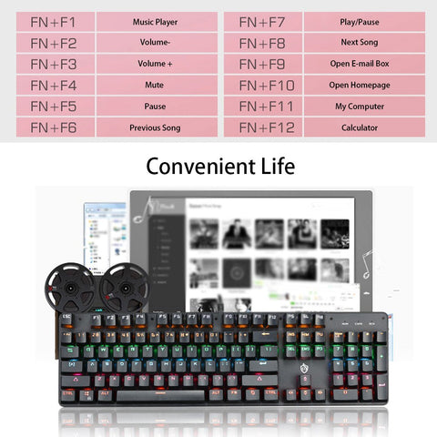 Illuminated Mechanical Keyboard 104 Keys Gaming Keyboard USB Powered Operated 6 Light Colors 9 Vivid  Lighting Effects for Computer Laptop E-sports Trip Travel with Rotator