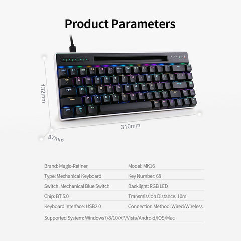 Magic-Refiner MK16 Mechanical Keyboard BT Wired Dual Mode Keyboard 68 Keys RGB Gaming Keyboard with Mechanical Blue Switch White