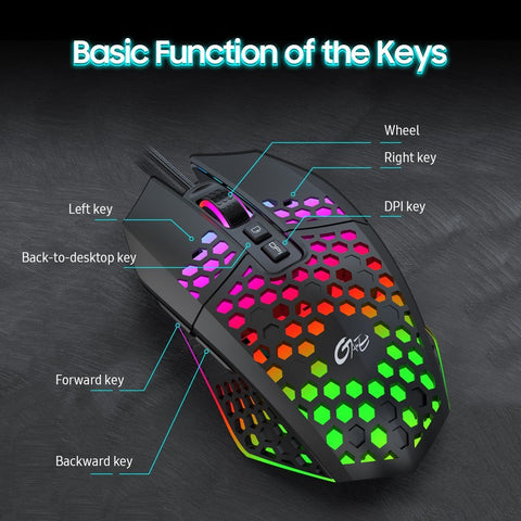 X801 Wired RGB Gaming Mouse with 7 Programmable Buttons Back-to-desktop Button 6 Adjustable DPI Levels 7 Lighting Modes White