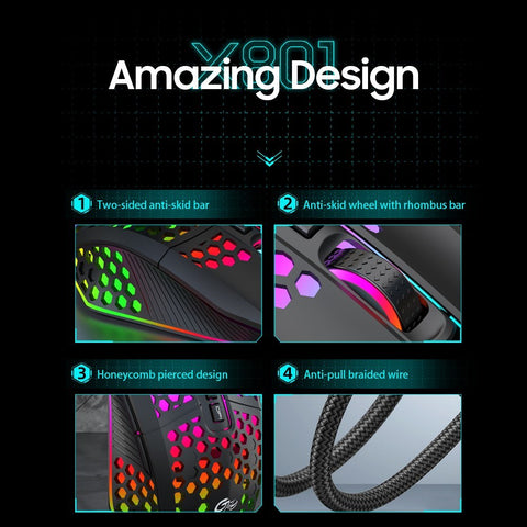 X801 Wired RGB Gaming Mouse with 7 Programmable Buttons Back-to-desktop Button 6 Adjustable DPI Levels 7 Lighting Modes White