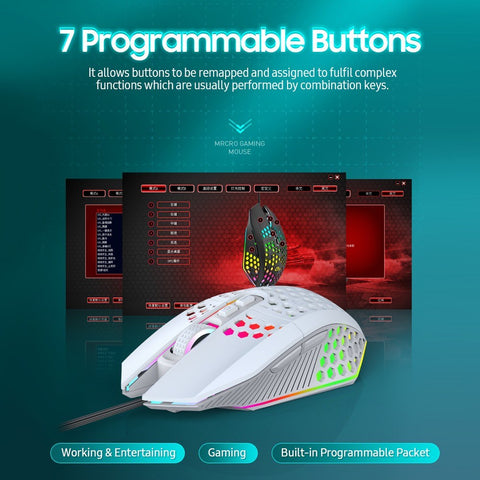 X801 Wired RGB Gaming Mouse with 7 Programmable Buttons Back-to-desktop Button 6 Adjustable DPI Levels 7 Lighting Modes White