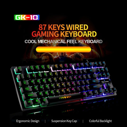 GK-10 USB Wired Keyboard Gaming Keyboard 87 Keys Colorful Backlight Keyboard Ergonomic Gaming Keyboard Black