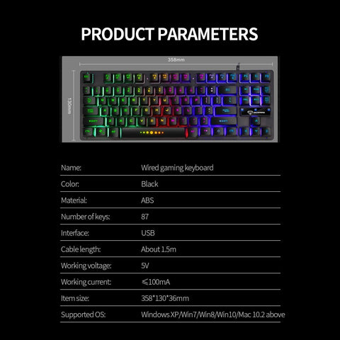 GK-10 USB Wired Keyboard Gaming Keyboard 87 Keys Colorful Backlight Keyboard Ergonomic Gaming Keyboard Black