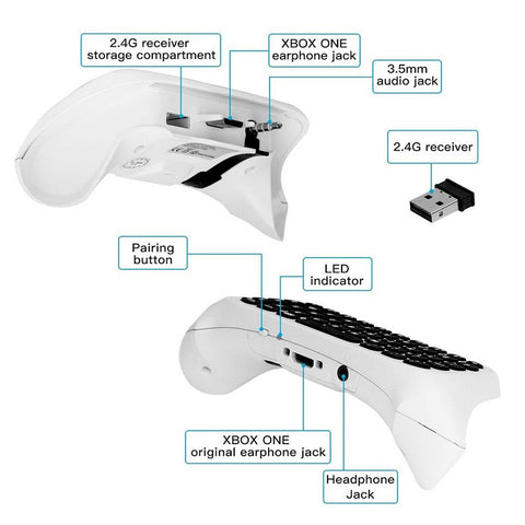2.4G Wireless Mini Chatpad Keyboard with 3.5mm Audio Jack Chat Message Keypad Replacement for XBox One/Slim/Elit Controller White
