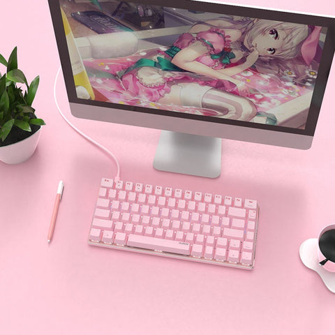 Ajazz AK33 82 Keys USB Wired Mechanical Keyboard Monochromatic White Backlight Gaming Office Keyboard Pink with Red Switches