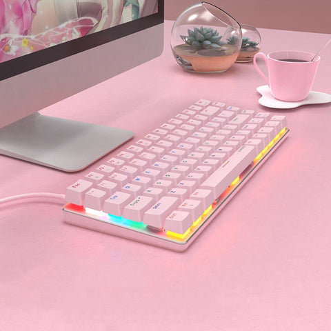 Ajazz AK33 82 Keys USB Wired Mechanical Keyboard Monochromatic White Backlight Gaming Office Keyboard Pink with Red Switches