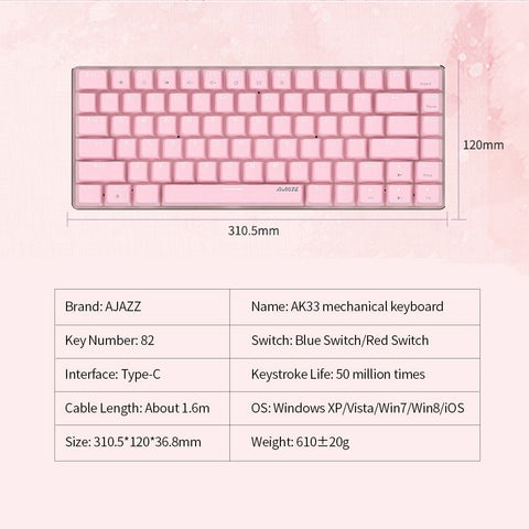 Ajazz AK33 82 Keys USB Wired Mechanical Keyboard Monochromatic White Backlight Gaming Office Keyboard Pink with Red Switches