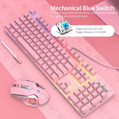 Ajazz Mechanical Keyboard Mouse Combo USB Wired Gaming Keyboard Mouse Set 104 Keys Mixed Light Keyboard Pink (Blue Switch)