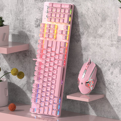 Ajazz Mechanical Keyboard Mouse Combo USB Wired Gaming Keyboard Mouse Set 104 Keys Mixed Light Keyboard Pink (Blue Switch)