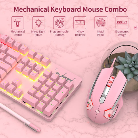 Ajazz Mechanical Keyboard Mouse Combo USB Wired Gaming Keyboard Mouse Set 104 Keys Mixed Light Keyboard Pink (Blue Switch)
