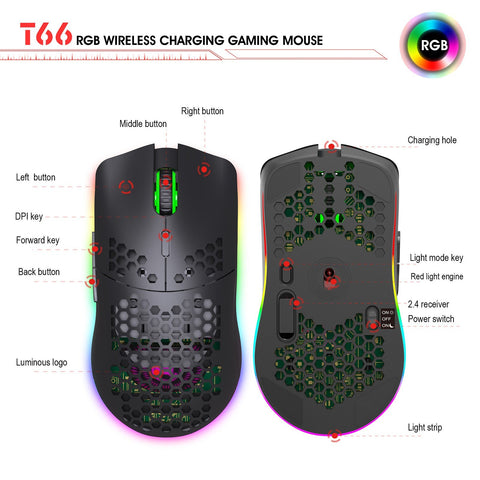 HXSJ T66 RGB 2.4G Wireless Gaming Mouse RGB Lighting Charging Mouse with Adjustable DPI Ergonomic Design for Desktop Laptop White