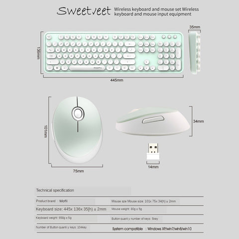 Mofii Sweet Keyboard Mouse Combo Pure Color 2.4G Wireless Keyboard Mouse Set Circular Suspension Key Cap for PC Laptop