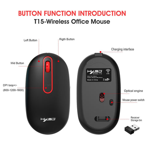HXSJ T15 2.4G Wireless Charging Mouse Automatic Sleep Wireless Mute Office Mouse with Adjustable DPI