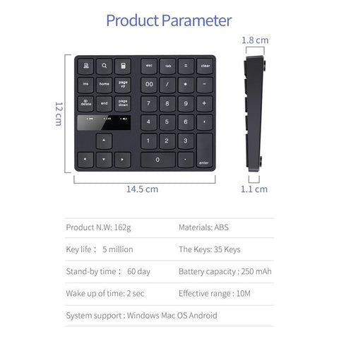 2.4G Wireless Numeric Keyboard Portable 35 Keys Financial Accounting Office Keyboard Built-in Rechargeable Battery Black