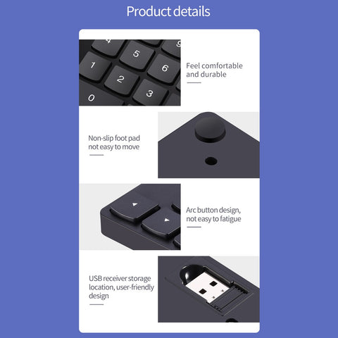 2.4G Wireless Numeric Keyboard Portable 35 Keys Financial Accounting Office Keyboard Built-in Rechargeable Battery Black