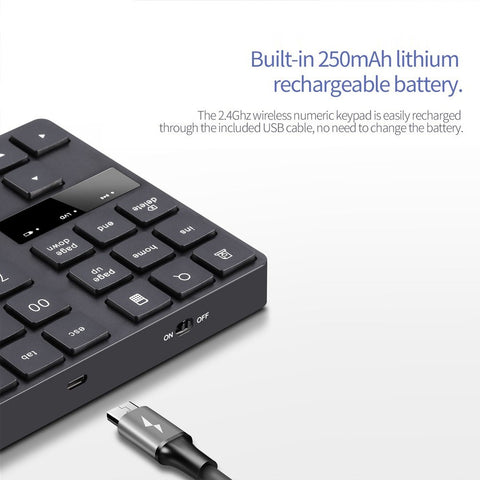 2.4G Wireless Numeric Keyboard Portable 35 Keys Financial Accounting Office Keyboard Built-in Rechargeable Battery Black