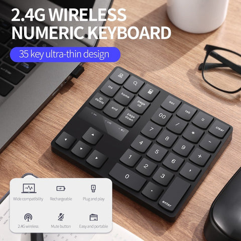 2.4G Wireless Numeric Keyboard Portable 35 Keys Financial Accounting Office Keyboard Built-in Rechargeable Battery Black