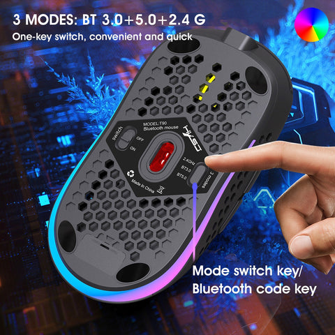 HXSJ T90 Three Mode Wireless Mouse BT 3.0 + 5.0 + 2.4G Wireless Charging Mouse RGB Lighting with Adjustable DPI Black