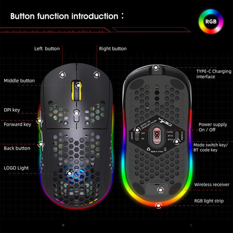 HXSJ T90 Three Mode Wireless Mouse BT 3.0 + 5.0 + 2.4G Wireless Charging Mouse RGB Lighting with Adjustable DPI Black