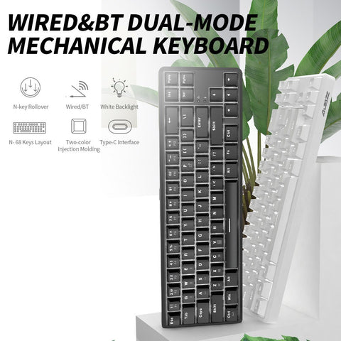 Ajazz K680T Wired&BT Dual-mode Mechanical Keyboard 68 Keys Compact White Backlight Mechanical Keyboard Black with Blue Switches