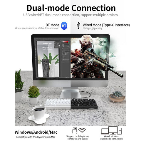 Ajazz K680T Wired&BT Dual-mode Mechanical Keyboard 68 Keys Compact White Backlight Mechanical Keyboard Black with Blue Switches