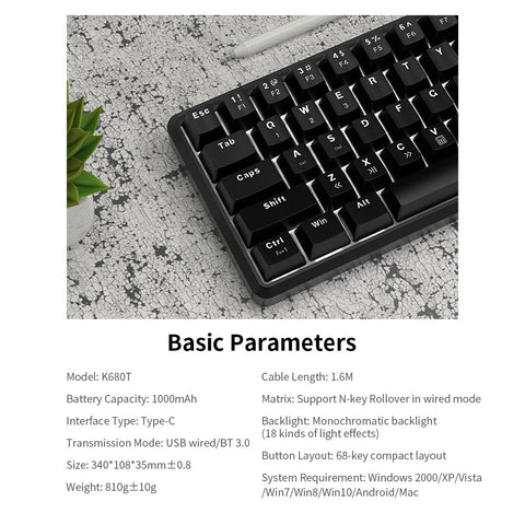Ajazz K680T Wired&BT Dual-mode Mechanical Keyboard 68 Keys Compact White Backlight Mechanical Keyboard Black with Blue Switches
