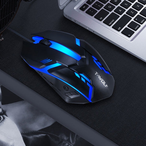 T-WOLF V1 Wired Gaming Mouse 3 Button 7 Colorful Backlight 1200 DPI Office Mouse Built-in Weights for Laptop/PC