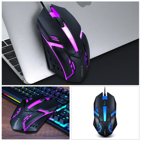 T-WOLF V1 Wired Gaming Mouse 3 Button 7 Colorful Backlight 1200 DPI Office Mouse Built-in Weights for Laptop/PC