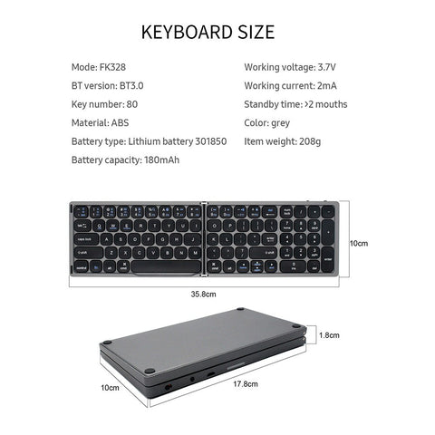 Foldable BT Wireless Keyboard Portable Keyboard Pocket-size Keyboard Support Android Windows IOS Smartphone and Tablet Grey