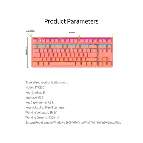 DaiDai STK130 USB Wired Mechanical Keyboard Mixed Light Keyboard 87 Keys Gaming Office Keyboard Ergonomic Design Black (Blue Switch)