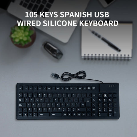 105 Keys Spanish USB Wired Silicone Keyboard Foldable Soft Silicone Waterproof Dustproof Keyboard for Desktop Computer Laptop