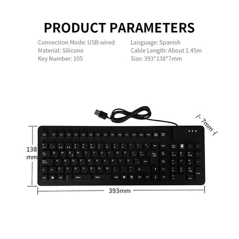 105 Keys Spanish USB Wired Silicone Keyboard Foldable Soft Silicone Waterproof Dustproof Keyboard for Desktop Computer Laptop