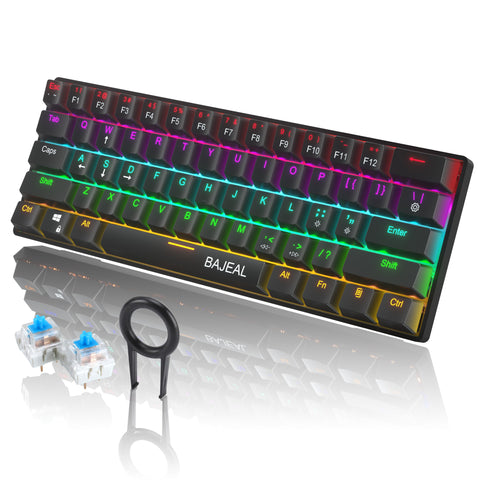 BAJEAL Compact 61-Key BT5.0 Mechanical Keyboard Double Shot Keycaps 26-key Rollover LED Backlit Effects Blue Switches, Black