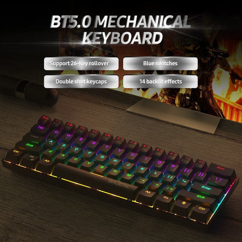 BAJEAL Compact 61-Key BT5.0 Mechanical Keyboard Double Shot Keycaps 26-key Rollover LED Backlit Effects Blue Switches, Black