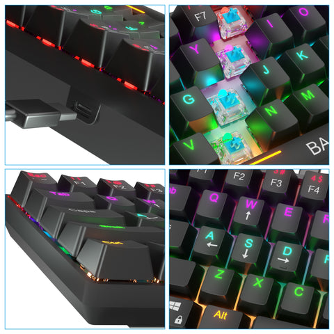 BAJEAL Compact 61-Key BT5.0 Mechanical Keyboard Double Shot Keycaps 26-key Rollover LED Backlit Effects Blue Switches, Black