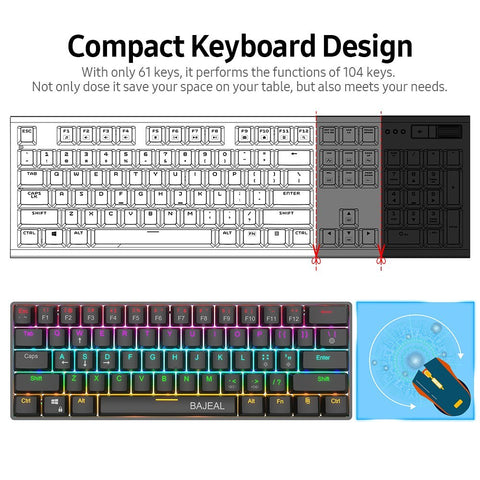 BAJEAL Compact 61-Key BT5.0 Mechanical Keyboard Double Shot Keycaps 26-key Rollover LED Backlit Effects Blue Switches, Black