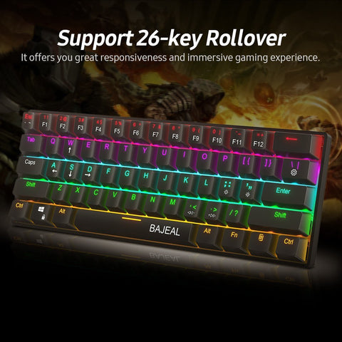 BAJEAL Compact 61-Key BT5.0 Mechanical Keyboard Double Shot Keycaps 26-key Rollover LED Backlit Effects Blue Switches, Black