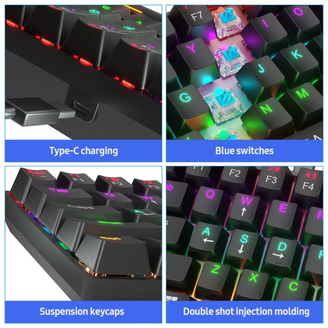 BAJEAL Compact 61-Key BT5.0 Mechanical Keyboard Double Shot Keycaps 26-key Rollover LED Backlit Effects Blue Switches, Black