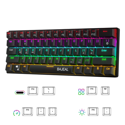 BAJEAL Compact 61-Key BT5.0 Mechanical Keyboard Double Shot Keycaps 26-key Rollover LED Backlit Effects Blue Switches, Black