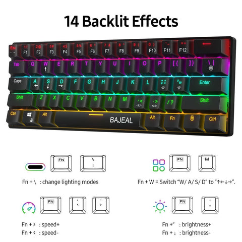 BAJEAL Compact 61-Key BT5.0 Mechanical Keyboard Double Shot Keycaps 26-key Rollover LED Backlit Effects Blue Switches, Black