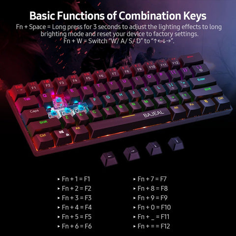 BAJEAL Compact 61-Key BT5.0 Mechanical Keyboard Double Shot Keycaps 26-key Rollover LED Backlit Effects Blue Switches, Black