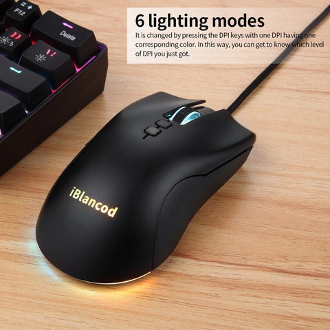 iBlancod M1 Wired Optical Gaming Mouse with 6 RGB Lighting Modes 6 Adjustable DPI Levels Plug and Play Wide Compatibility Black