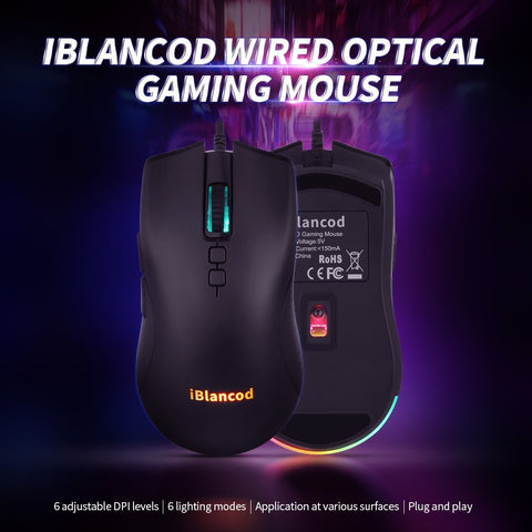 iBlancod M1 Wired Optical Gaming Mouse with 6 RGB Lighting Modes 6 Adjustable DPI Levels Plug and Play Wide Compatibility Black