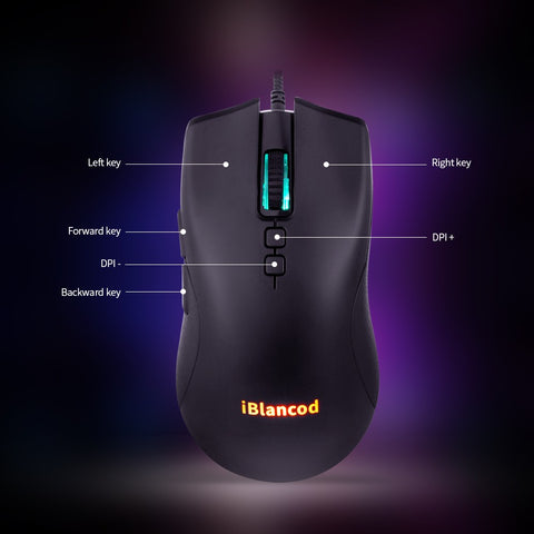 iBlancod M1 Wired Optical Gaming Mouse with 6 RGB Lighting Modes 6 Adjustable DPI Levels Plug and Play Wide Compatibility Black