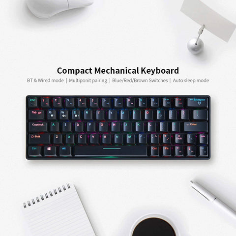 Compact Mechanical Multi-device Keyboard with 64 keys BT & Wired Mode 18 RGB Backlit Effects N-key Rollover Black Brown Switches