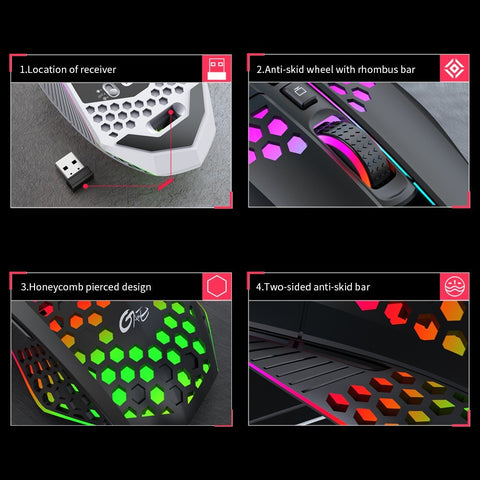 Wireless Gaming Mouse Rechargeable USB Mouse with 8 keys Back-to-desktop Button 3 Adjustable DPI Levels 4 Lighting Modes Black