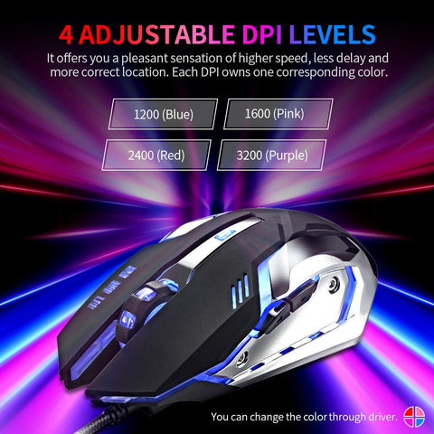 Wired 3200 DPI Gaming Mouse 4 Adjustable DPI Levels/6 Programmable Buttons/4-Color Breathing Light/ Left&Right Mute Buttons Black