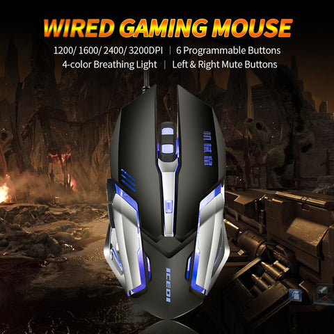 Wired 3200 DPI Gaming Mouse 4 Adjustable DPI Levels/6 Programmable Buttons/4-Color Breathing Light/ Left&Right Mute Buttons Black