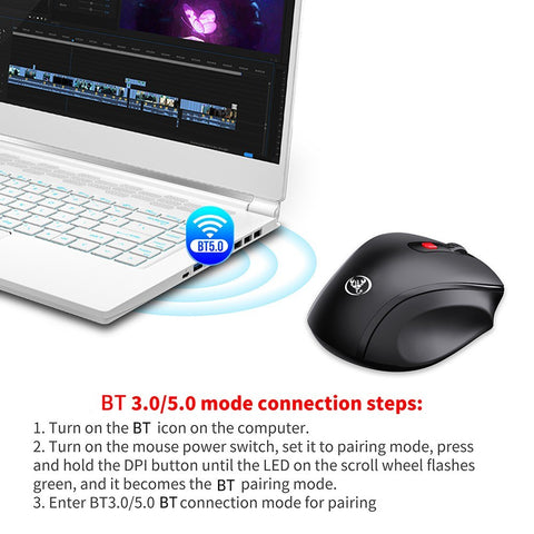 HXSJ T67 BT3.0/BT5.0 Wireless Mouse 6 Keys Mute Office Gaming Mouse Ergonomic Mice with 3-level Adjustable DPI for PC Laptop