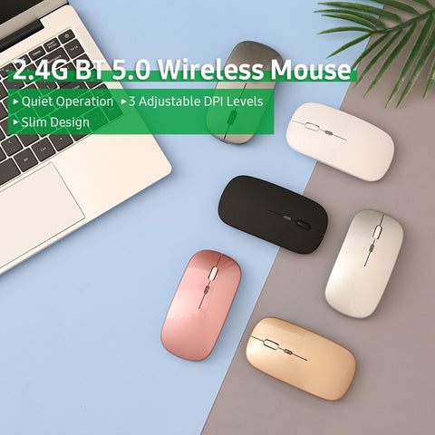 2.4G BT 5.0 Wireless Ergonomic Slim Mouse Less Noise 3 Adjustable DPI Levels Rechargeable Mouse for Laptop, Computer, Black
